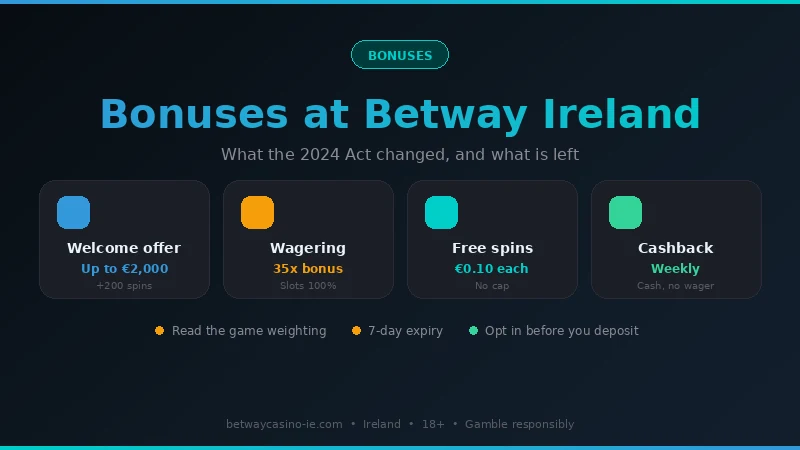 Betway Casino Ireland bonuses: welcome match up to €2,000 with 200 free spins, 35x wagering, weekly cashback paid as cash